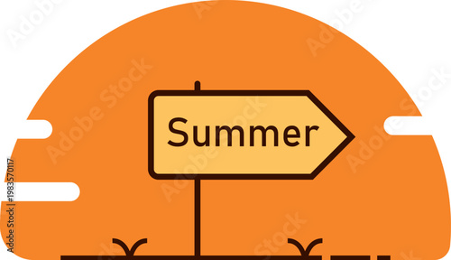 Vibrant orange summer sign on pointing to the right with black text and outline