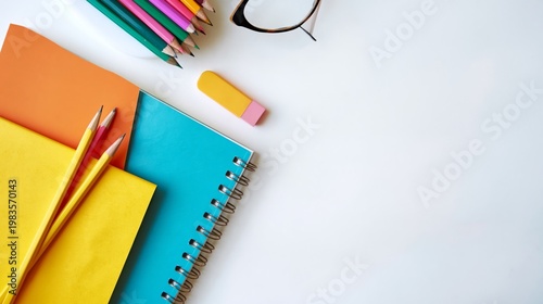 Colorful Stationery Laid out on a White Table With Pencils and Notebooks