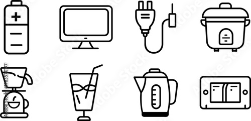 A set of eight black line icons on a depicting various household electronic devices and appliances