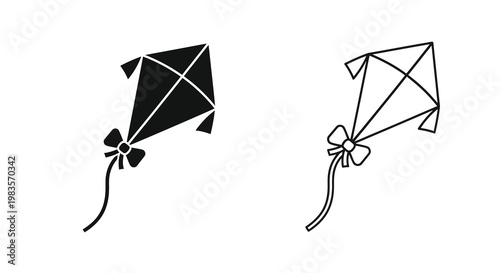 Two black and white kite illustrations with simple designs and trailing ribbons
