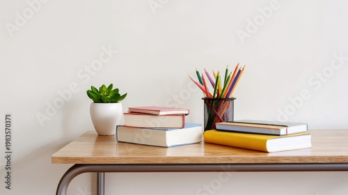 Desk With Books, Plant, and Colored Pencils Ready for Study or Creativity in ...