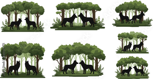 Silhouette wolves in forest vector illustration set with trees nature wildlife scenes black animal collection design