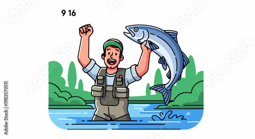 Man celebrates catching big fish in river with joyful expression outdoors