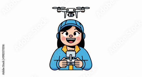 A woman in a blue jacket operates a drone controller outdoors with a smiling expression and a drone flying above.