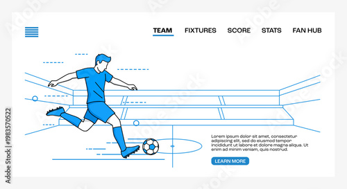 Soccer landing page UI design with football player illustration modern sports website interface concept