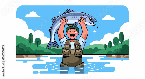 Man holding up a large fish in a river with trees and clouds