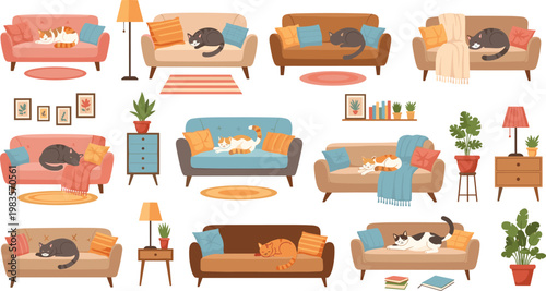 Cozy living room interiors with cats sleeping on sofas vector illustration set home decor furniture collection