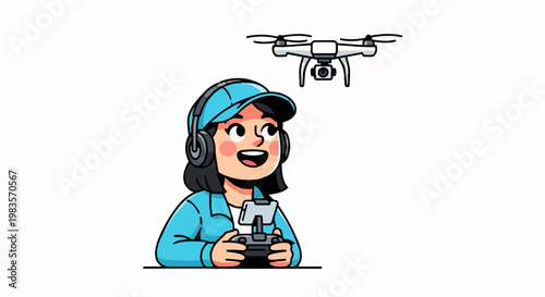 Woman wearing headset operates drone controller with drone flying above her.