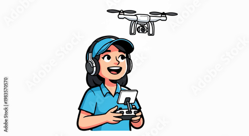 A woman wearing a headset and holding a remote control operates a drone flying overhead indoors.