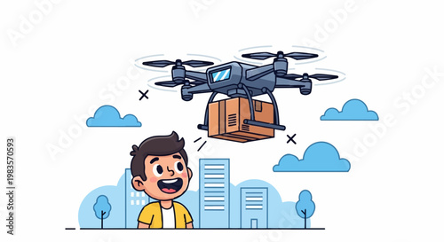 Man receives package from drone flying over cityscape with buildings and trees nearby