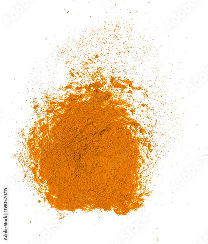 A pile of bright orange turmeric powder isolated on transparent background
