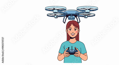 A woman operates a drone controller with a drone flying above her.