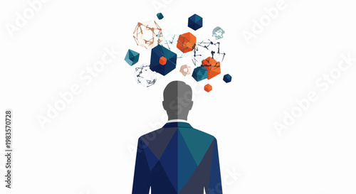 A man in a geometric suit with colorful shapes floating above his head in business environment
