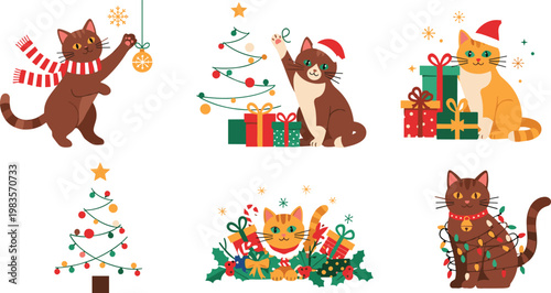 Christmas cats set with gifts tree decorations vector illustration festive pets holiday collection cute design elements