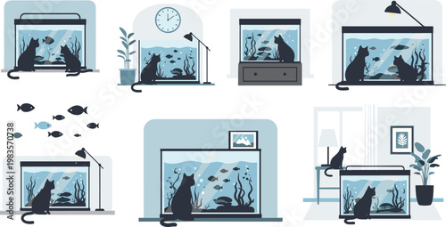 Cat aquarium scenes set vector illustration pet fish tank interior decor aquatic collection design elements