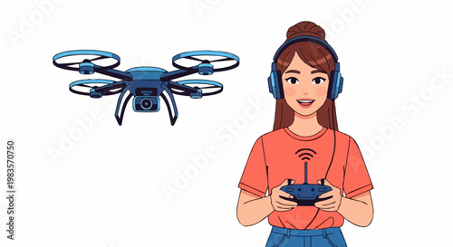 Woman wearing headphones operates drone controller with blue drone flying nearby indoors