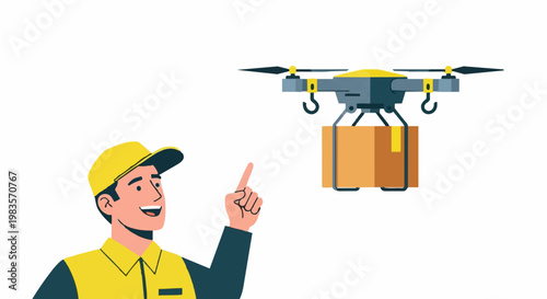 A delivery man in a yellow uniform points at a drone carrying a package.