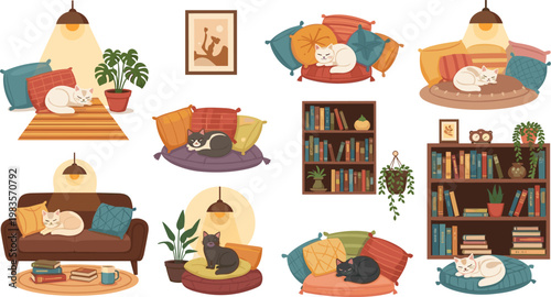 Cozy home interior with cats set vector illustration living room decor pets relaxing collection design elements