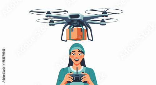 A woman operates a drone controller with a drone flying above her indoors