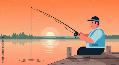 Man fishing on a serene lake at sunset with rod and peaceful surroundings