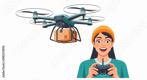 Woman operating drone with controller in hand outdoors recreationally
