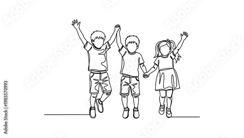 Three children jumping happily together outdoors.