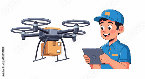 Delivery drone operated by man with tablet outdoors in daytime scene