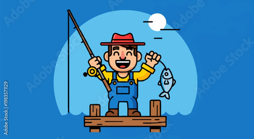A man in overalls and a hat is fishing on a pier at night catching a fish.