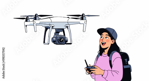 Woman operates drone with camera while wearing backpack and cap outdoors