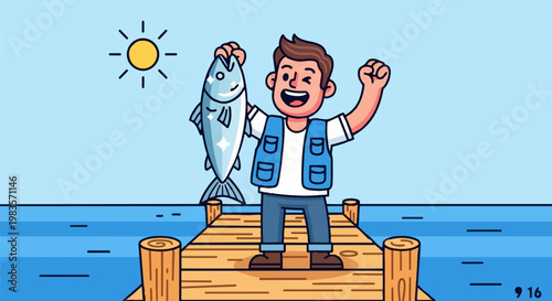 Man standing on pier excitedly holding up large fish on sunny day