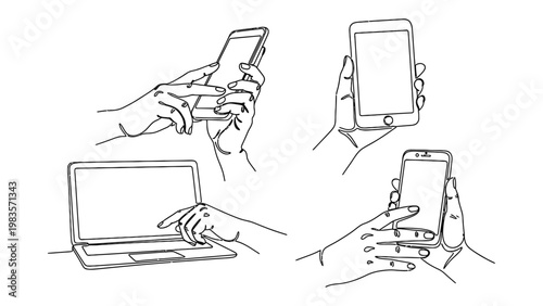 Hands interacting with mobile devices and laptop.
