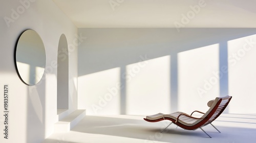 Modern Lounge Area With a Chair, Mirror, and Sunlight in a Spacious Room