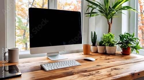 Workspace With Computer and Plants Near Window During Autumn Season