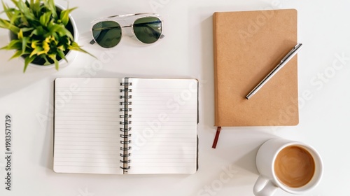 Workspace With Notebooks, Plants, and Writing Tools During the Day