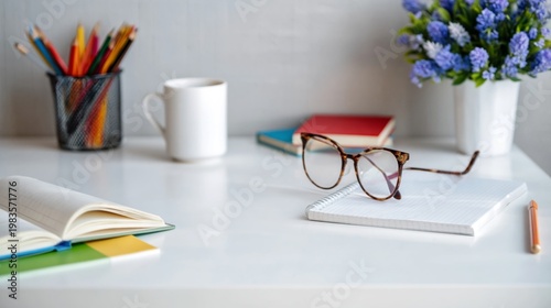 Creative Workspace With Books, Flowers, and Stationery in Bright Setting