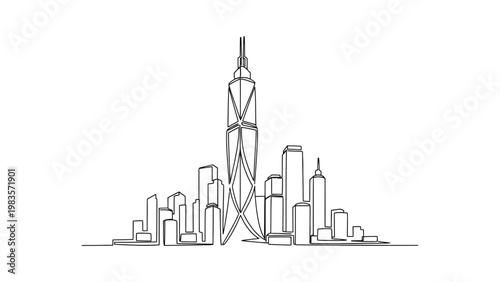 A stylized illustration of a city skyline.