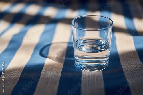 Clear Glass Filled With Water Placed on Striped Blue and White Tablecloth in ...