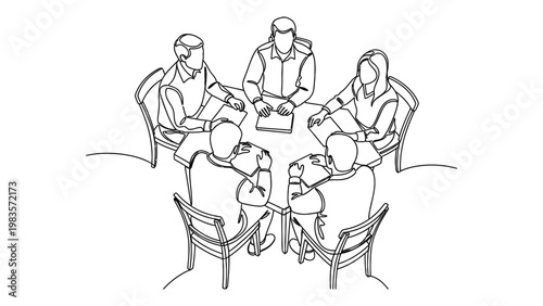 Continuous line drawing of people sitting around a table.