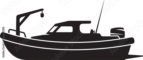 Black boat silhouette, fishing vessel icon, motorboat graphic, nautical symbol