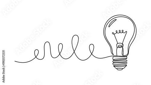 Continuous line drawing of a light bulb.