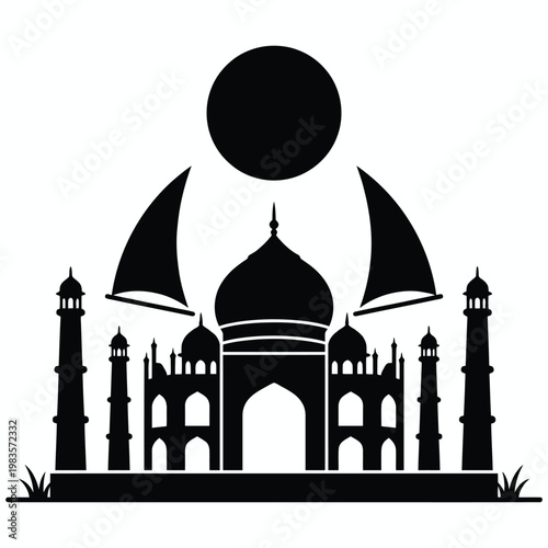 Taj Mahal landmark silhouette with boats and full moon for India travel concept