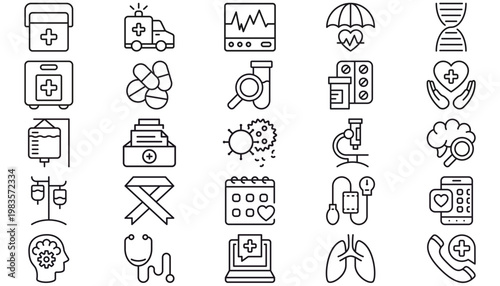25 Medical and Healthcare Vector Icon Set, Minimalist Black Line Collection featuring Stethoscope, DNA, Microscope, Ambulance, First Aid Kit, Heartbeat, Lungs, Brain, Pharmacy, and Telemedicine.