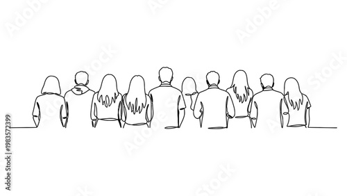 Continuous line drawing of people sitting.