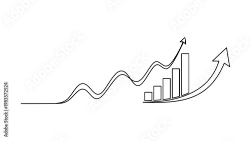 Continuous line drawing of growing business chart with rising arrow.