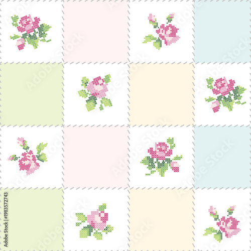 Seamless Patchwork Pattern Cross Stitch Roses Embroidery Floral Quilt Background Pastel Vector