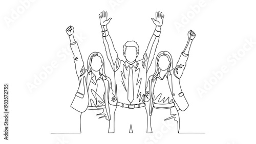 Three people celebrating with raised hands.