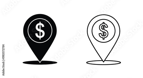 Two black and white map marker icons featuring a dollar sign