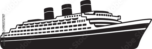 Luxury Cruise Ship, Ocean Liner, Black and White Vector, Nautical Icon