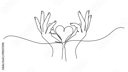Continuous line drawing of hands holding heart.