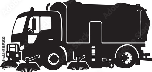 Street Sweeper Truck, Urban Cleaning Vehicle, City Maintenance, Black Vector Icon